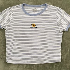 blue and white striped with sunflower shirt